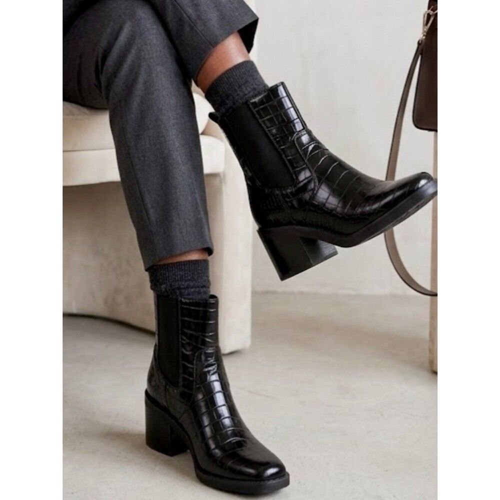 Bleecker & Bond Rita Black Croc Moto Chelsea Ankle Boots Womens 8.5 Block Heel